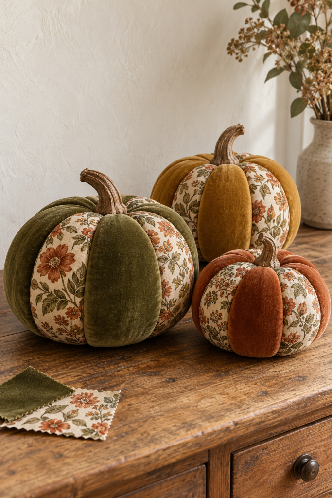 Olive, rust, and ochre velvet pumpkins with botanical fabric panels on a wooden sideboard.