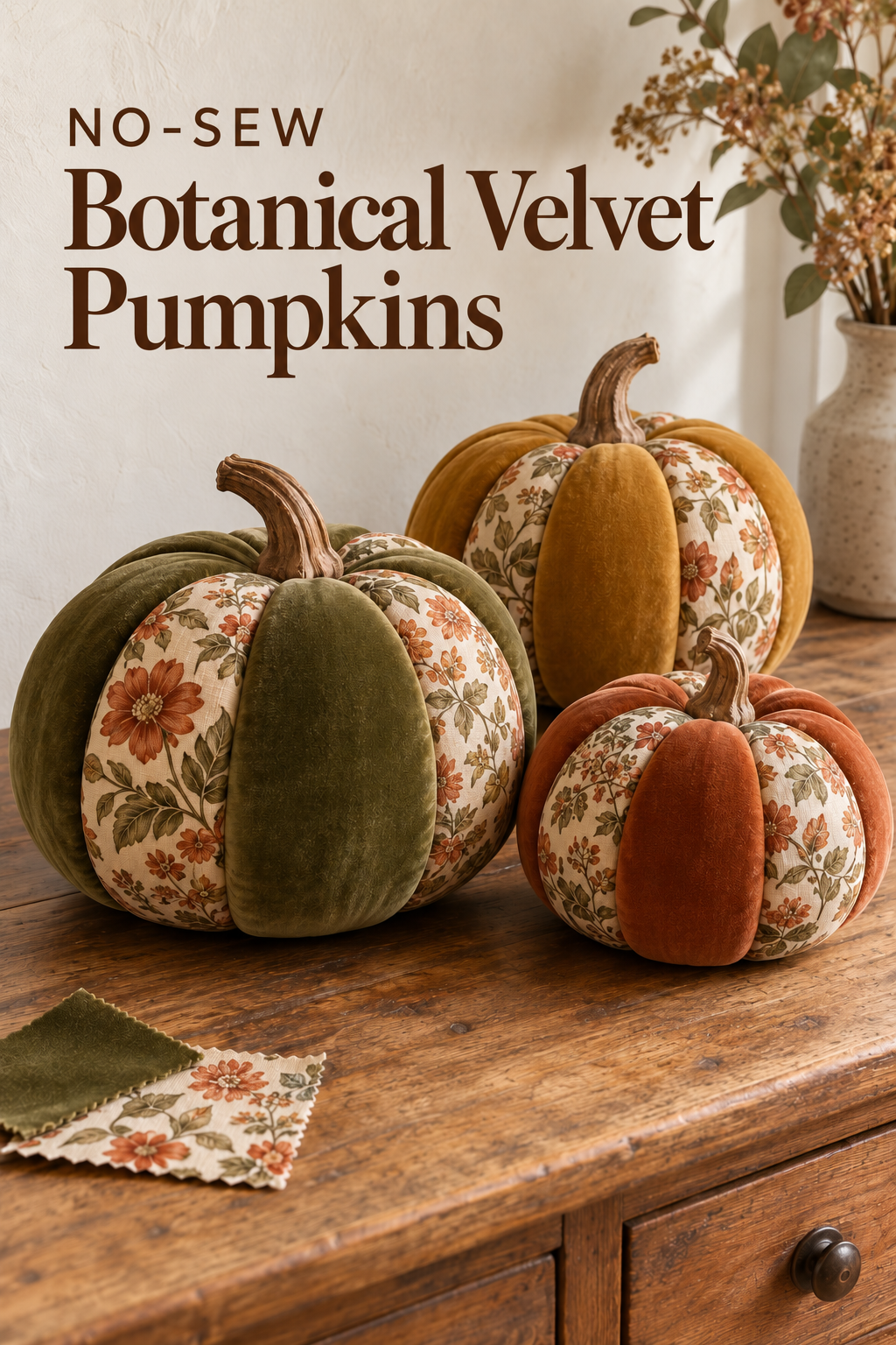 Olive, rust, and ochre velvet pumpkins with botanical fabric panels on a wooden sideboard.