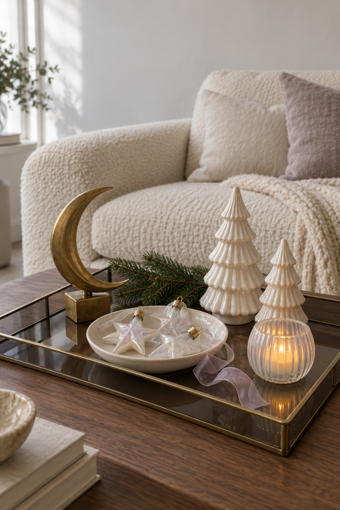 Brass crescent, pearl trees and iridescent star ornaments on a dark glass Christmas tray.