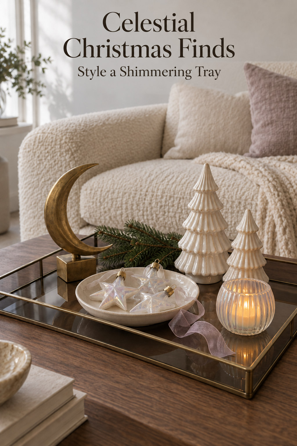 Brass crescent, pearl trees and iridescent star ornaments on a dark glass Christmas tray.