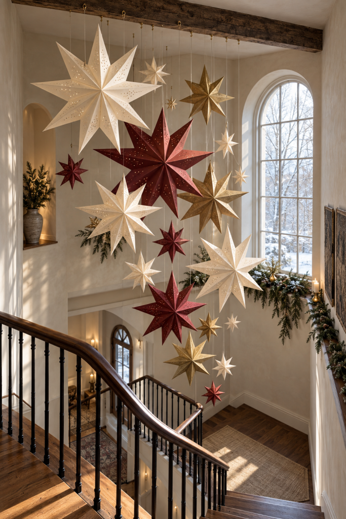 Oversized red, ivory and gold paper stars suspended over a Christmas stairwell.