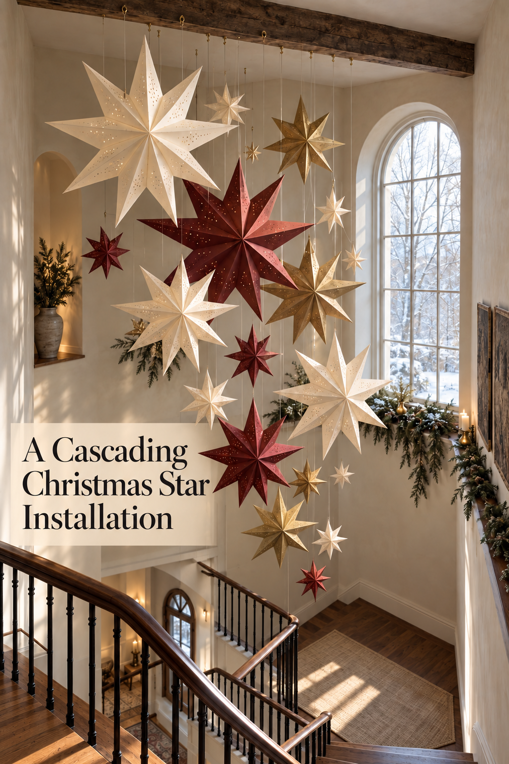Oversized red, ivory and gold paper stars suspended over a Christmas stairwell.