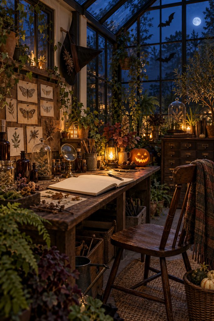 Halloween conservatory with a specimen worktable, pointed hat, bats and glowing pumpkin.