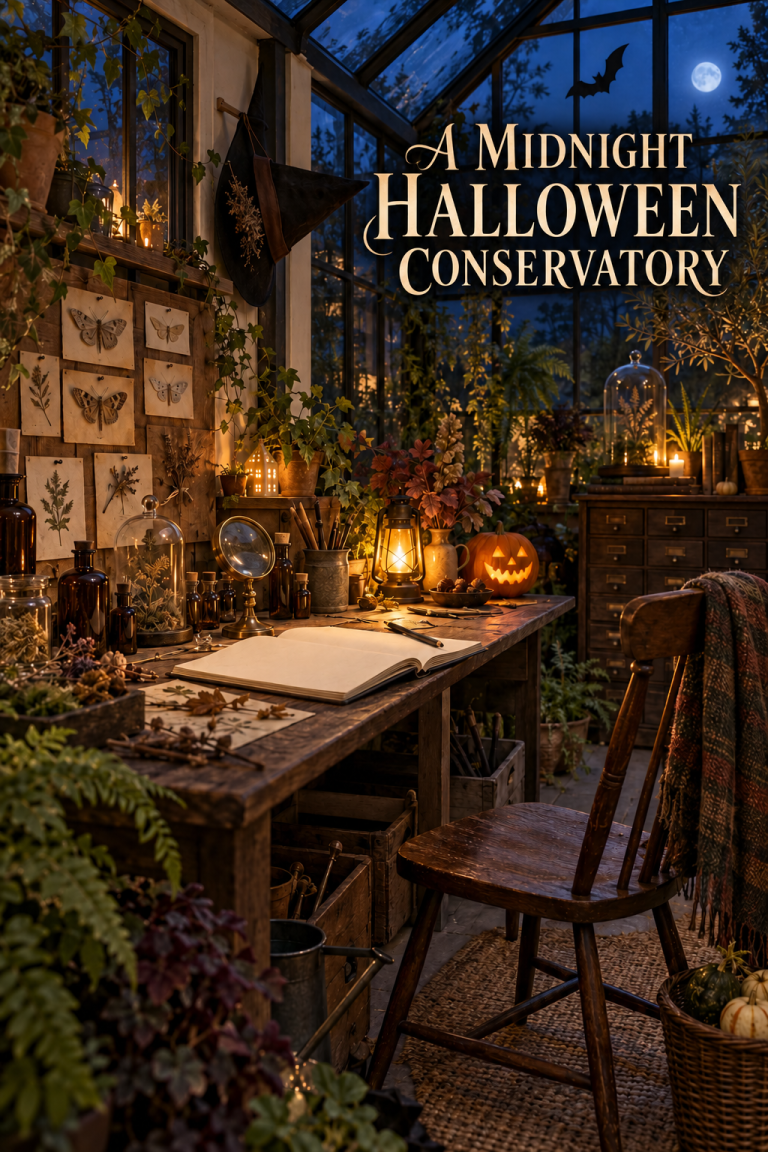 Halloween conservatory with a specimen worktable, pointed hat, bats and glowing pumpkin.
