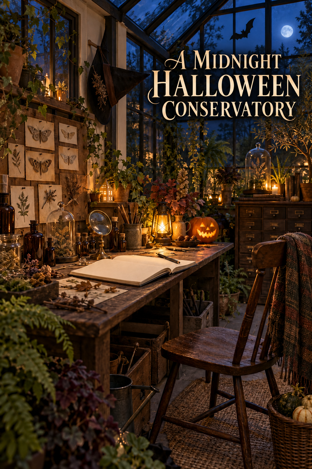 Halloween conservatory with a specimen worktable, pointed hat, bats and glowing pumpkin.