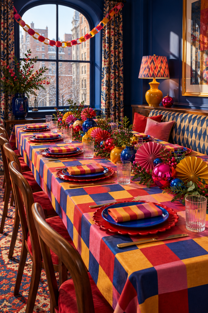 Colorful Christmas table with checked cloth, striped napkins, blue plates and ornaments.