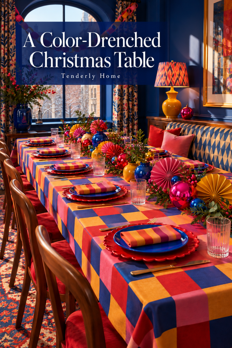 Colorful Christmas table with checked cloth, striped napkins, blue plates and ornaments.