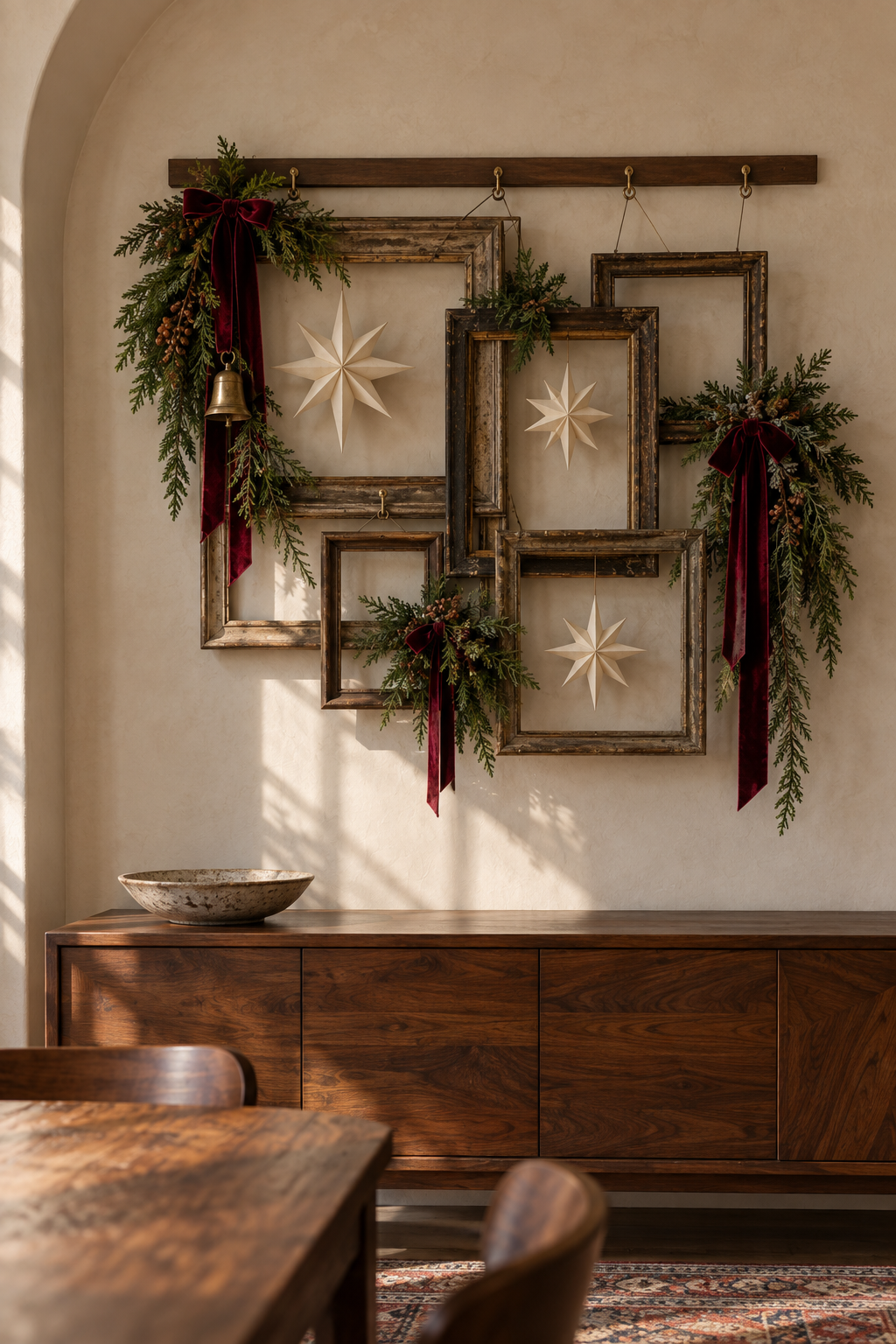 Layered vintage frames with paper stars, greenery and burgundy ribbon above a cabinet.