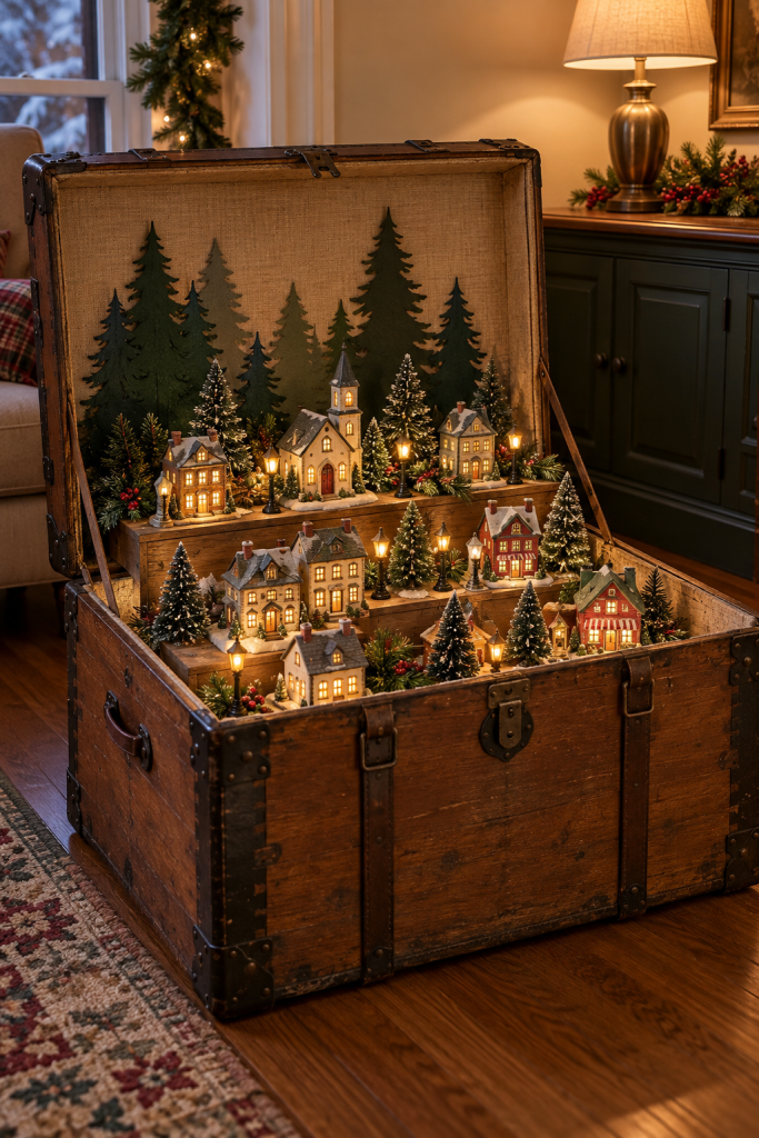 Miniature Christmas village and trees displayed in tiers inside an open vintage trunk.