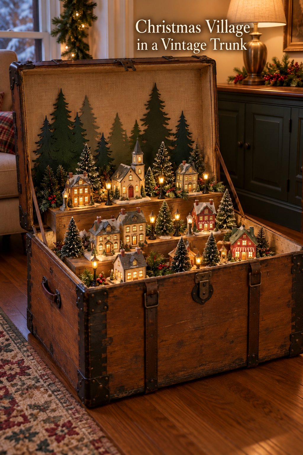 Miniature Christmas village and trees displayed in tiers inside an open vintage trunk.