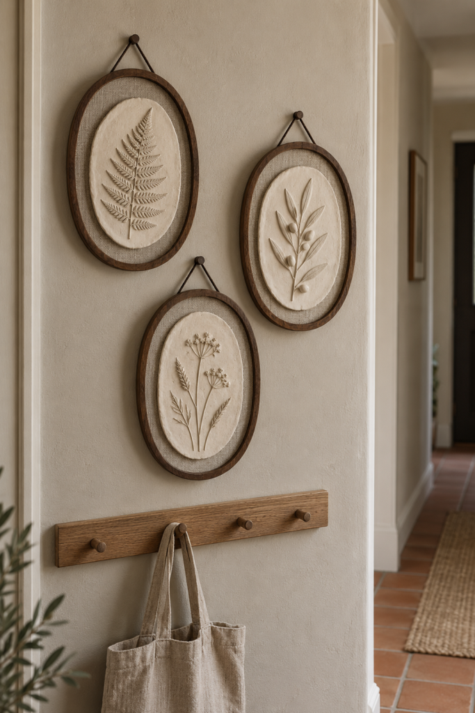 Three framed clay botanical relief plaques above an oak peg rail in a hallway.