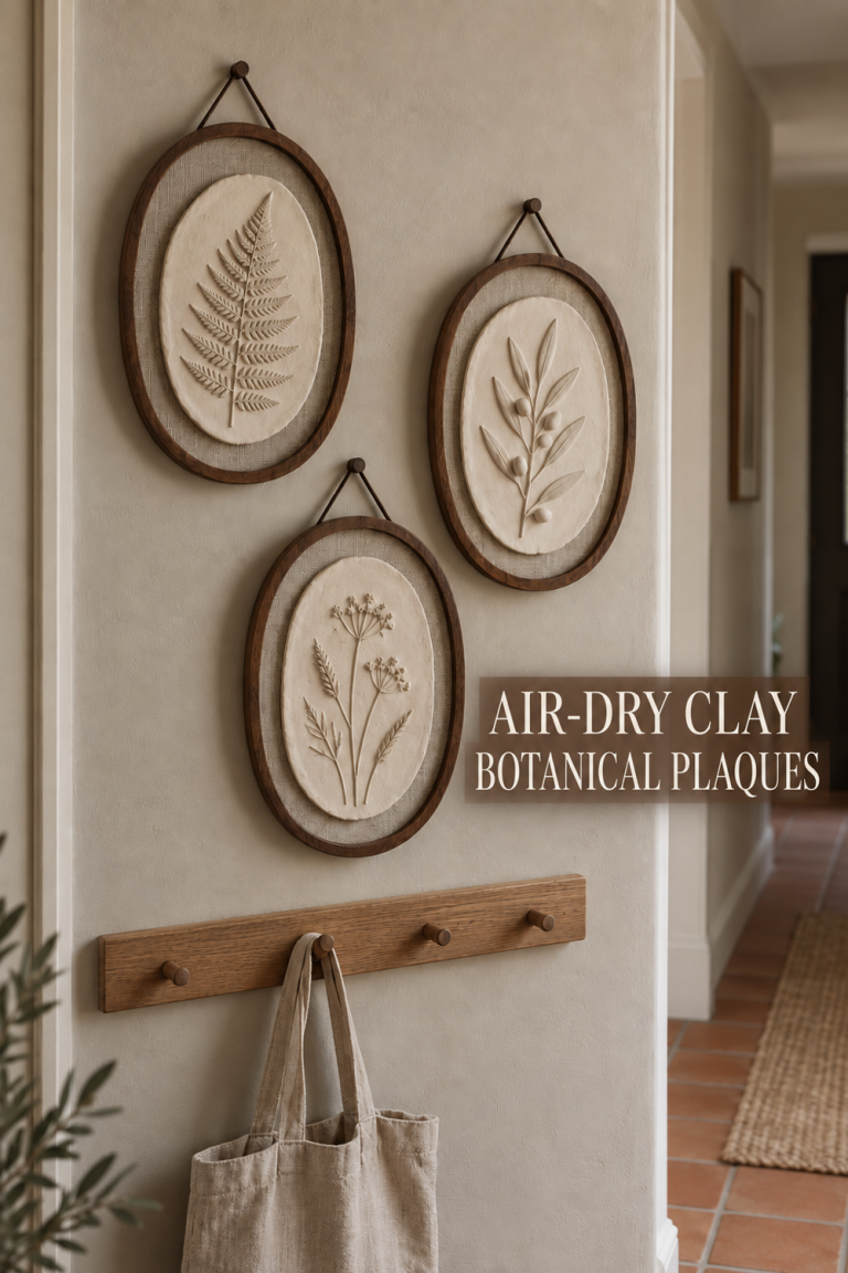 Three framed clay botanical relief plaques above an oak peg rail in a hallway.