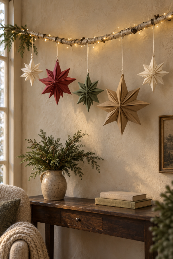 Five folded paper stars hanging from a lit birch branch above a dark wood console.
