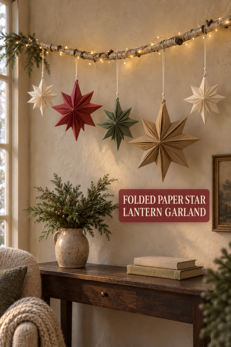 Five folded paper stars hanging from a lit birch branch above a dark wood console.