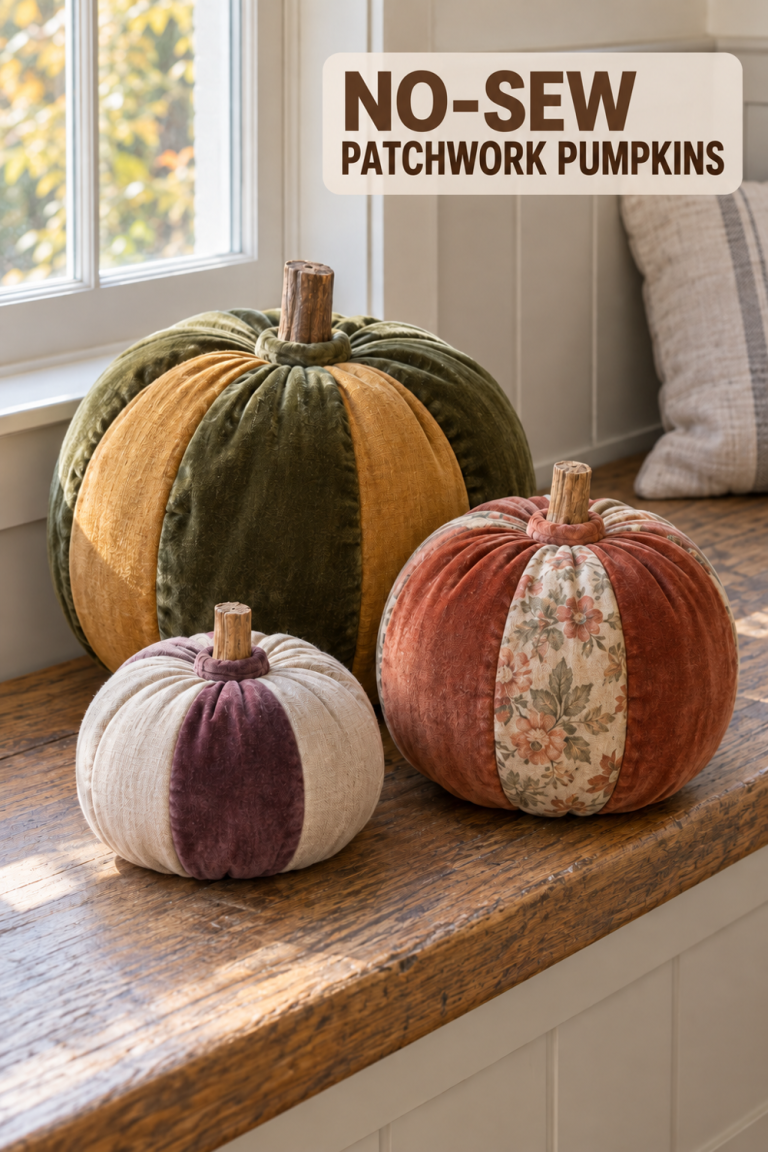 Three patchwork velvet pumpkins in moss, rust, oatmeal, and plum on an oak bench.