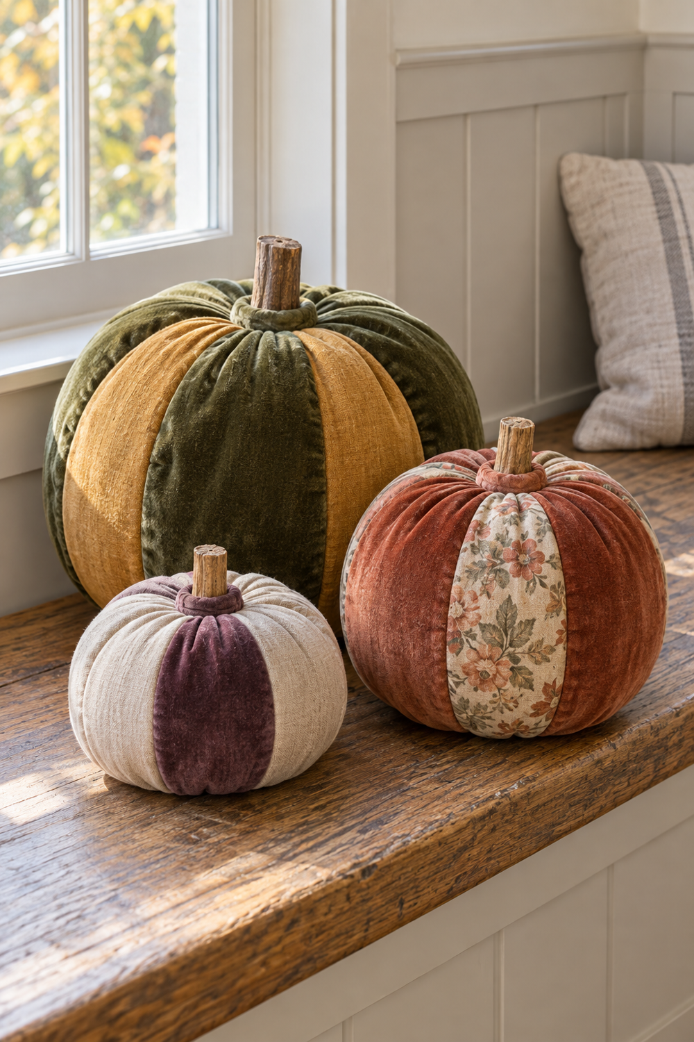 Three patchwork velvet pumpkins in moss, rust, oatmeal, and plum on an oak bench.