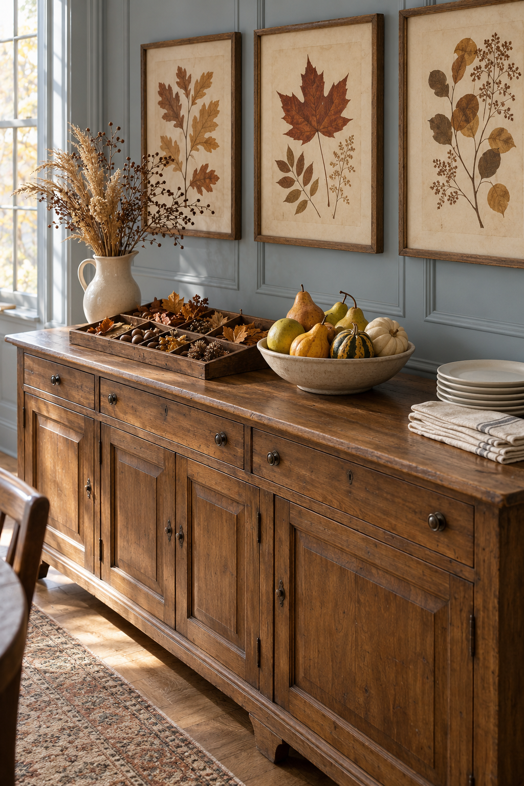 Botanical frames above a wooden sideboard with a specimen tray, pears, gourds and plates.