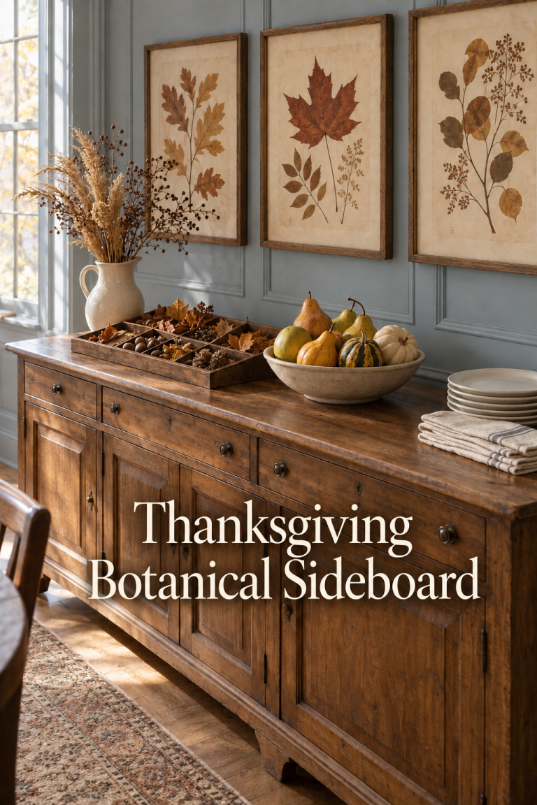 Botanical frames above a wooden sideboard with a specimen tray, pears, gourds and plates.