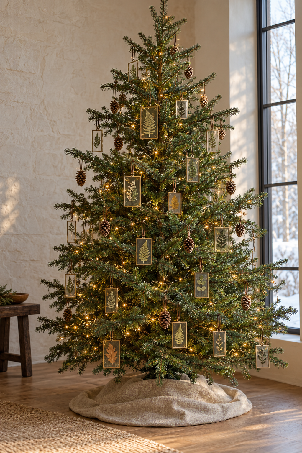 Christmas tree with framed botanical ornaments, pinecones and warm lights beside a window.