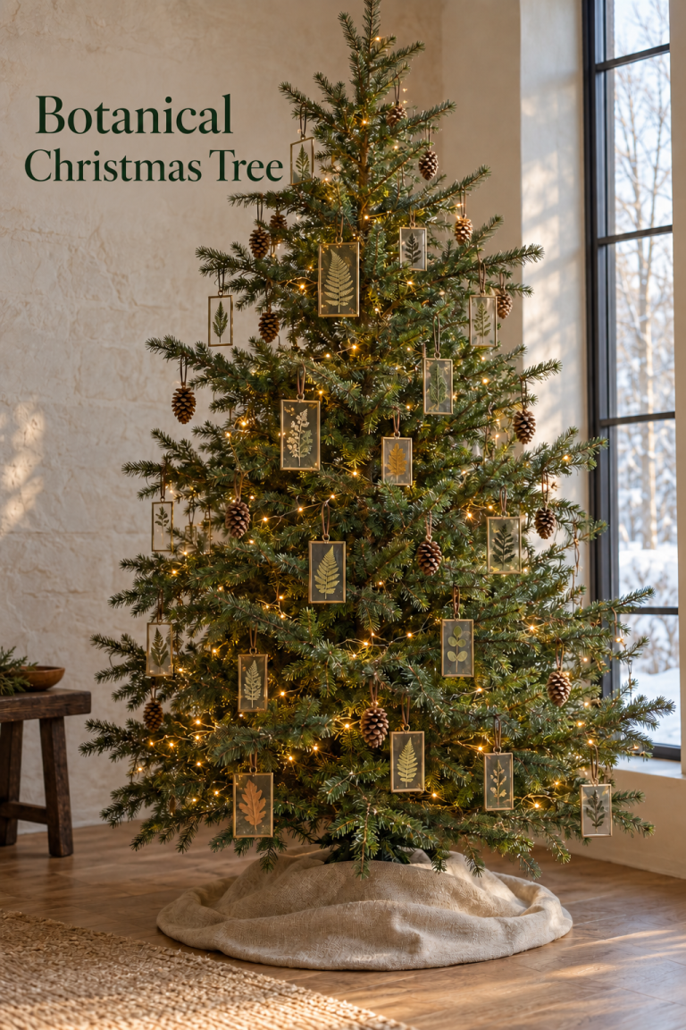 Christmas tree with framed botanical ornaments, pinecones and warm lights beside a window.
