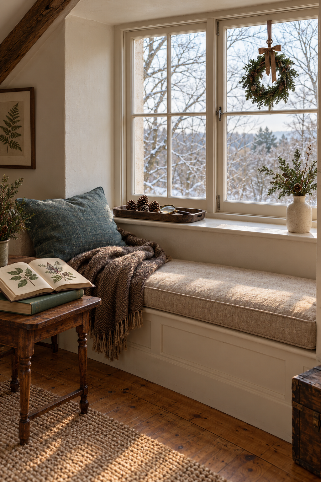 Winter window seat with a teal pillow, brown throw, botanical book and evergreen wreath.