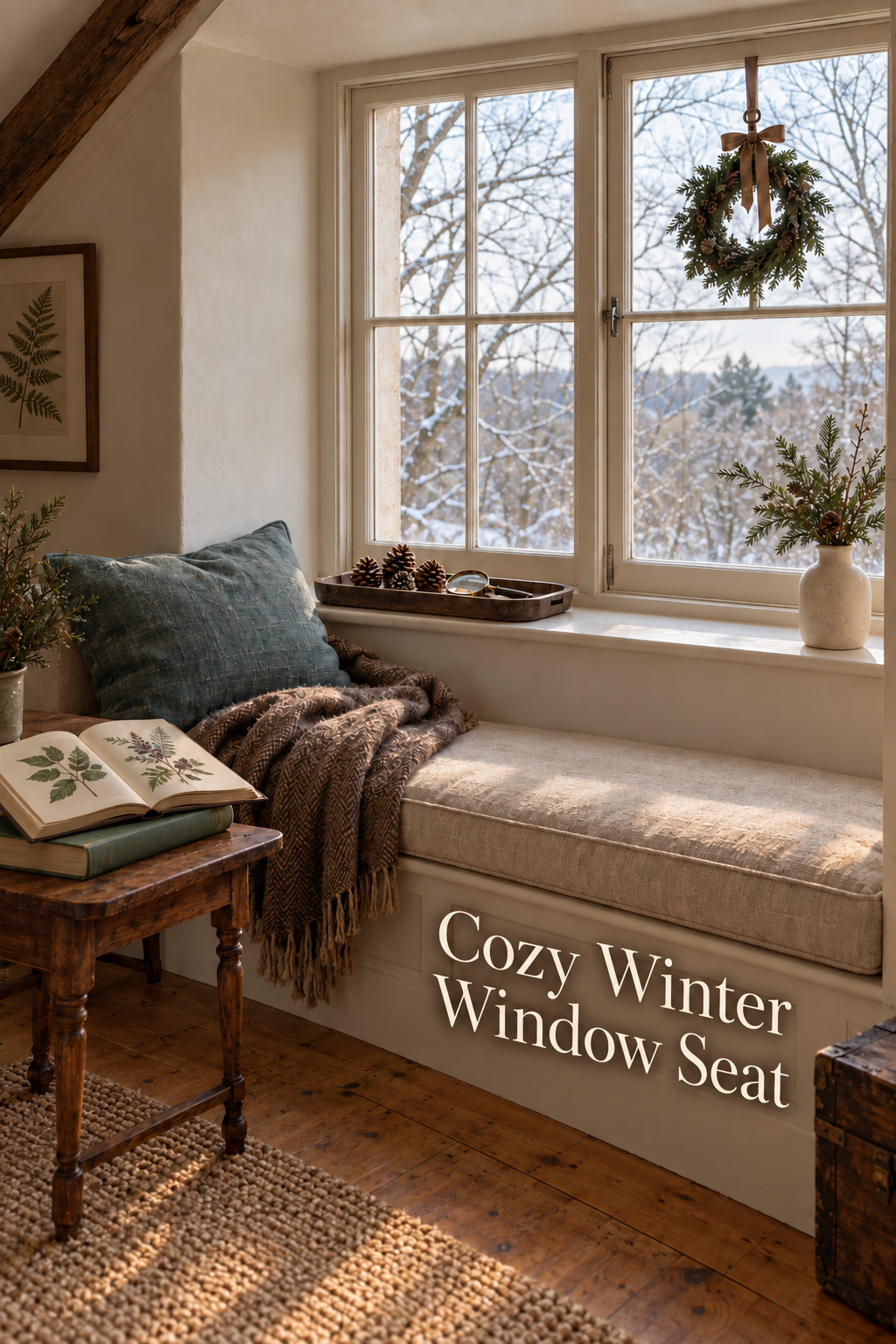 Winter window seat with a teal pillow, brown throw, botanical book and evergreen wreath.