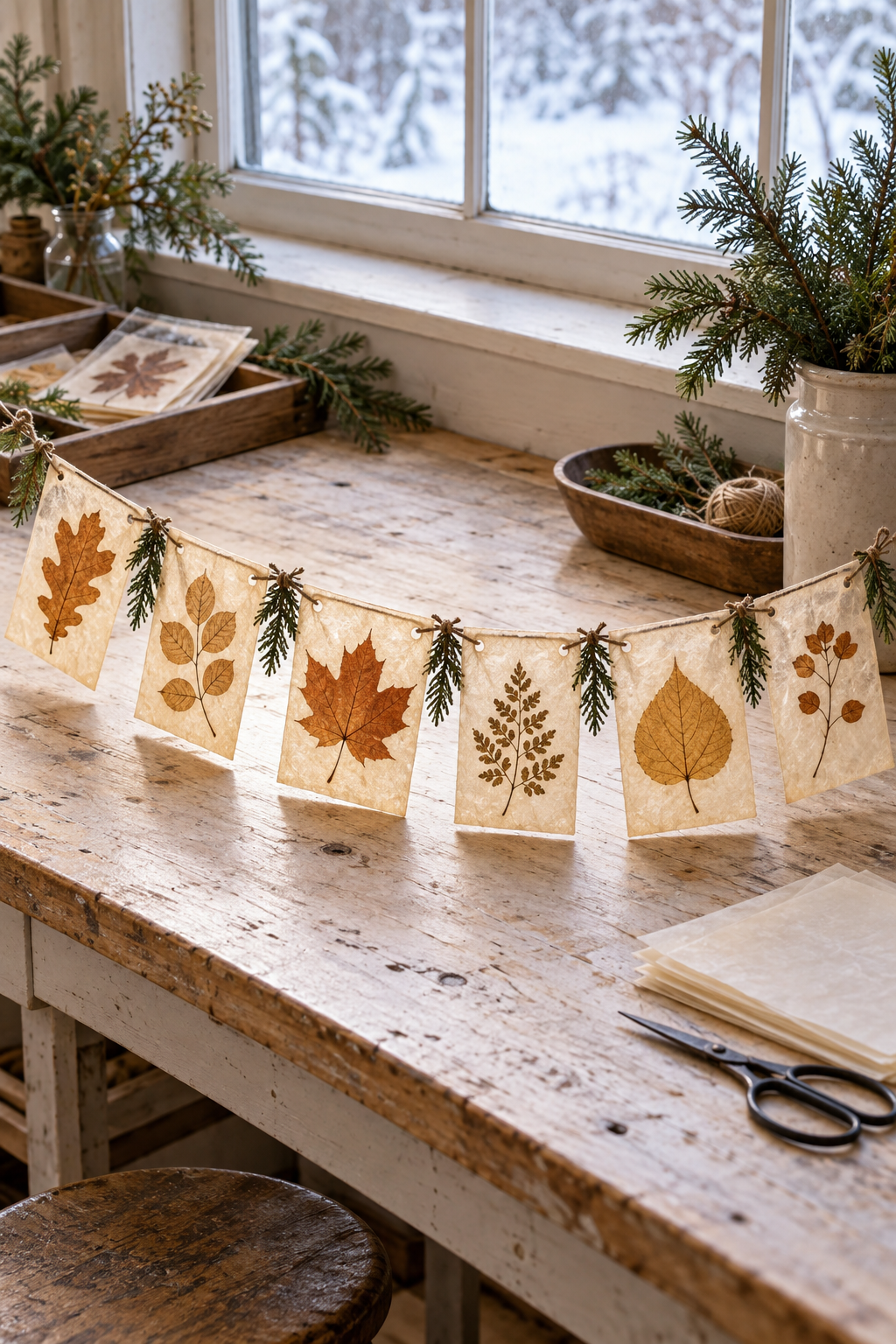 Pressed leaf paper garland with evergreen ties above a wooden workbench by a window.
