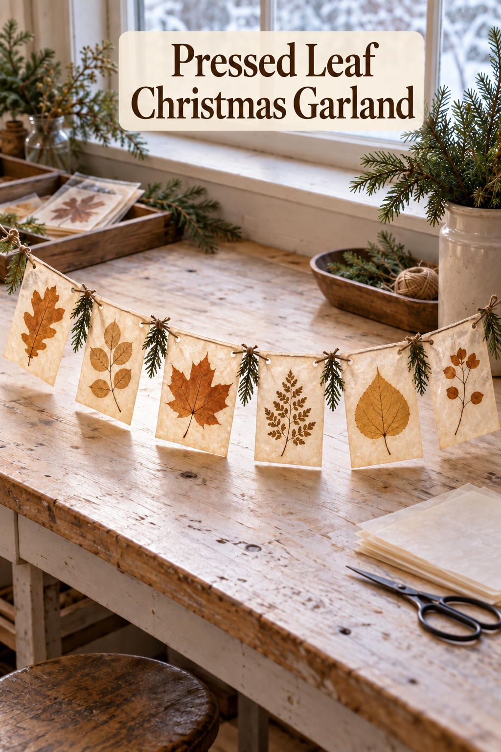 Pressed leaf paper garland with evergreen ties above a wooden workbench by a window.