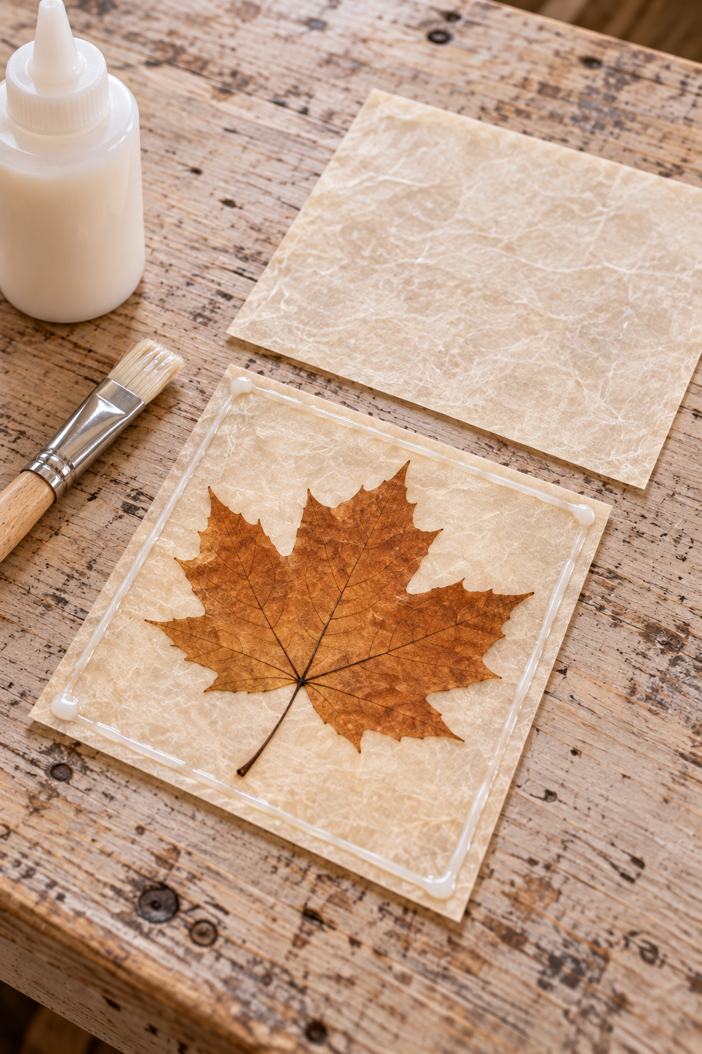 Amber maple leaf on translucent paper with perimeter adhesive and a second sheet beside it.