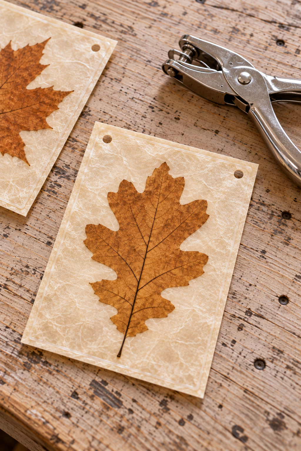 Sealed translucent leaf packet with two upper corner holes beside a single-hole punch.