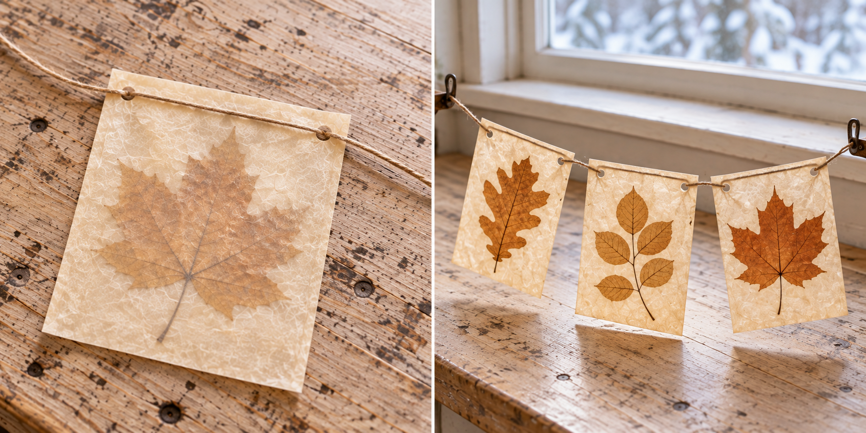 Twine across a leaf packet's back and three leaf panels spaced along a hanging strand.
