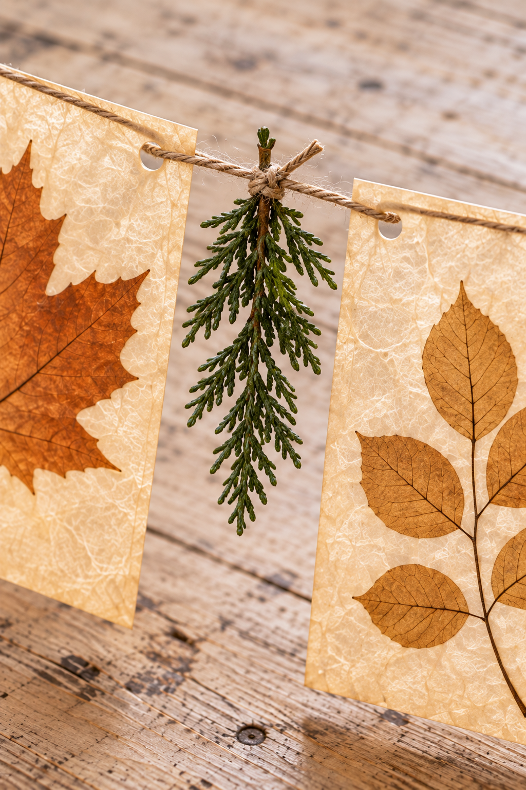 Evergreen sprig tied to the twine spine between two translucent pressed leaf panels.