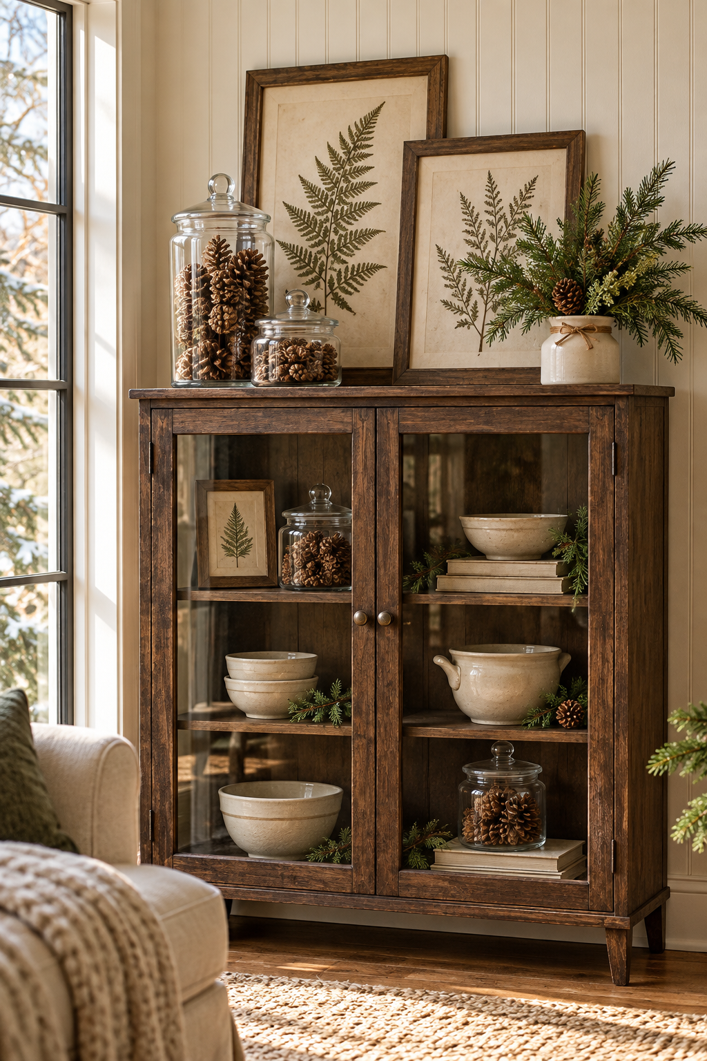 Fern frames, pinecone jars and evergreen greenery on a dark glass-front cabinet.
