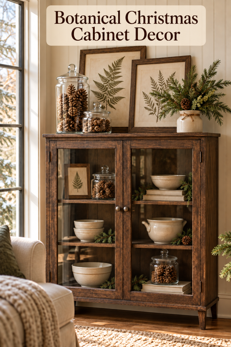 Fern frames, pinecone jars and evergreen greenery on a dark glass-front cabinet.