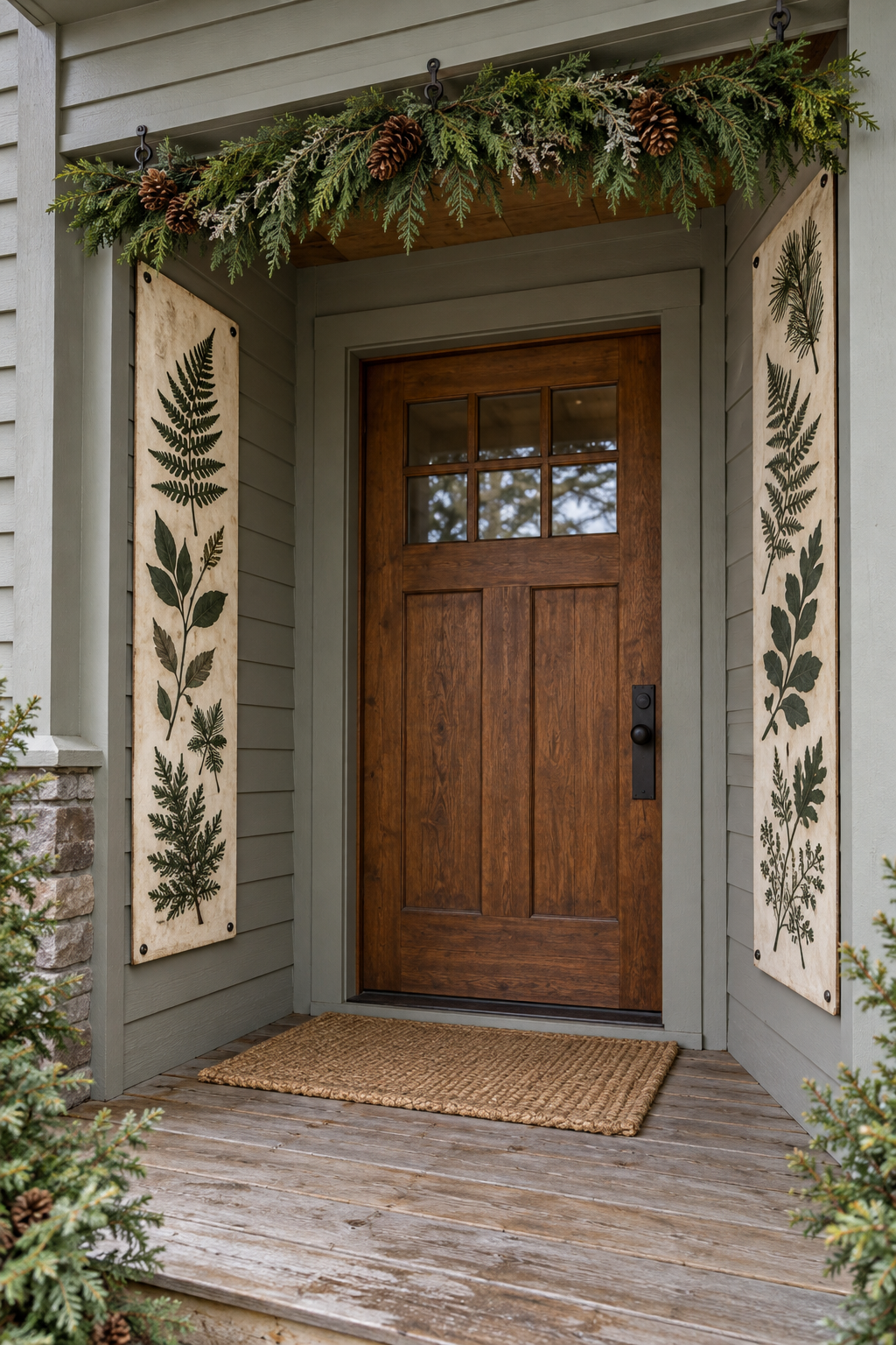 Botanical panels frame a wooden porch door beneath evergreen branches and pinecones.