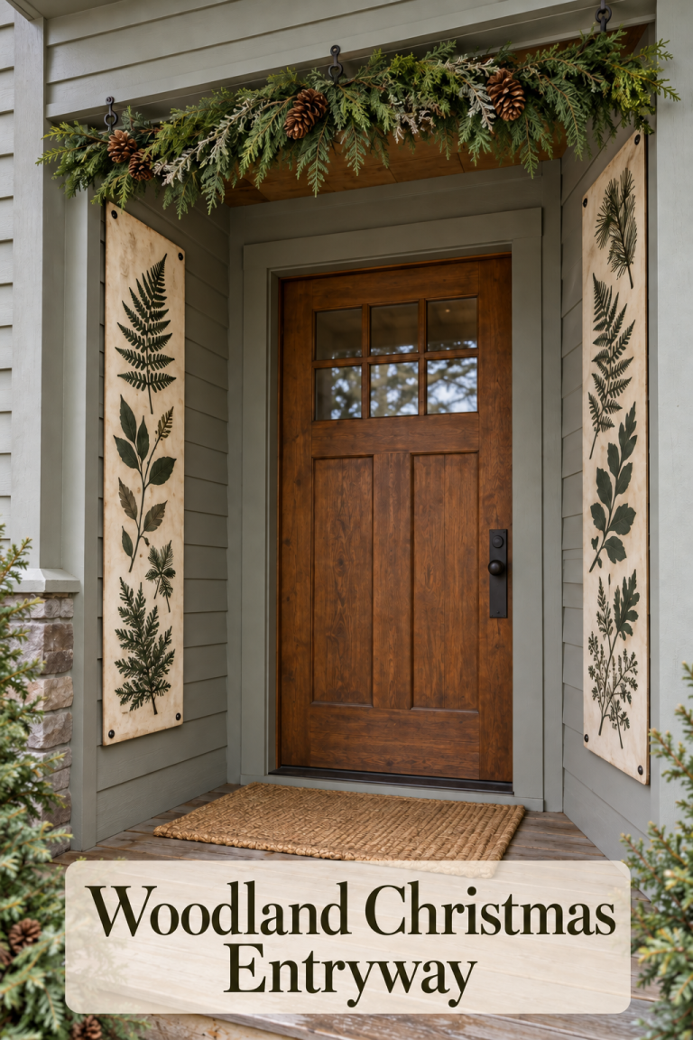 Botanical panels frame a wooden porch door beneath evergreen branches and pinecones.