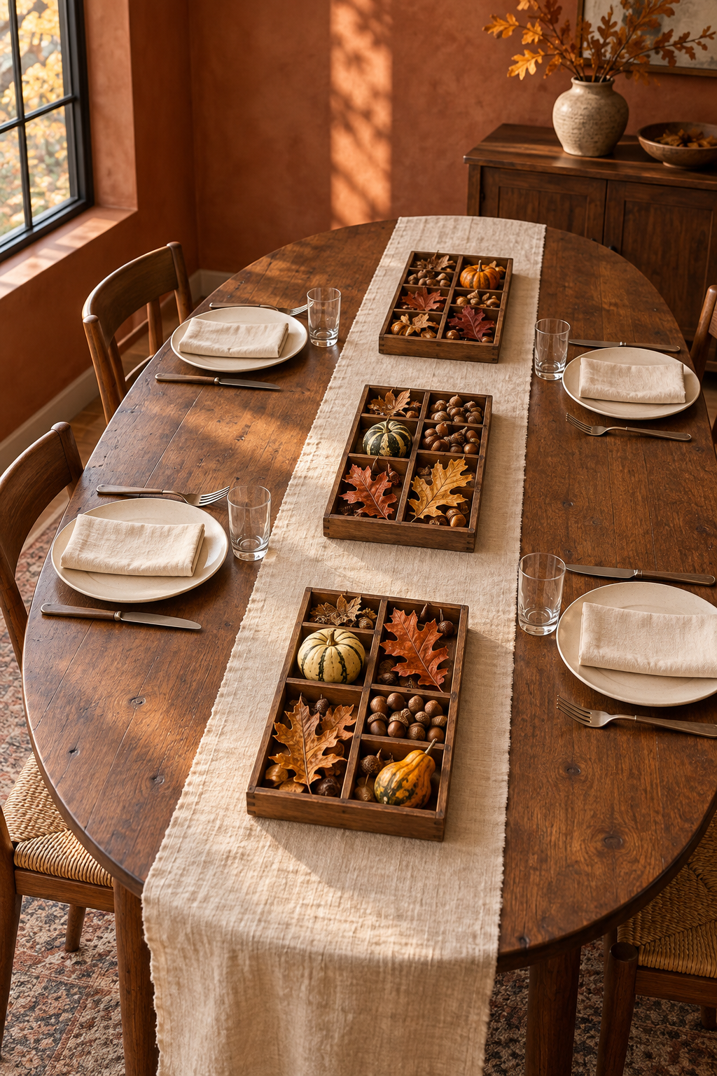 Divided trays of leaves, acorns and gourds on a Thanksgiving table with a cream runner.