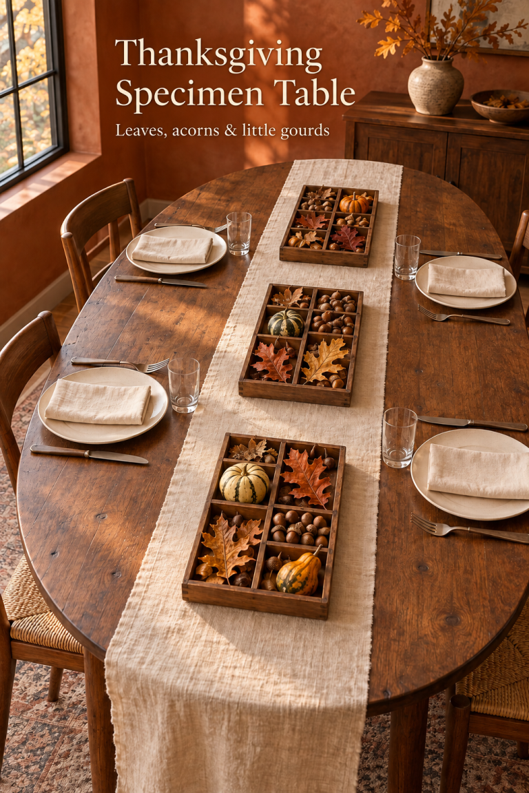 Divided trays of leaves, acorns and gourds on a Thanksgiving table with a cream runner.