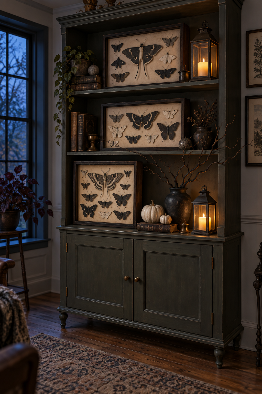 Framed moth displays, pale pumpkins and glowing lanterns in a dark Halloween cabinet.