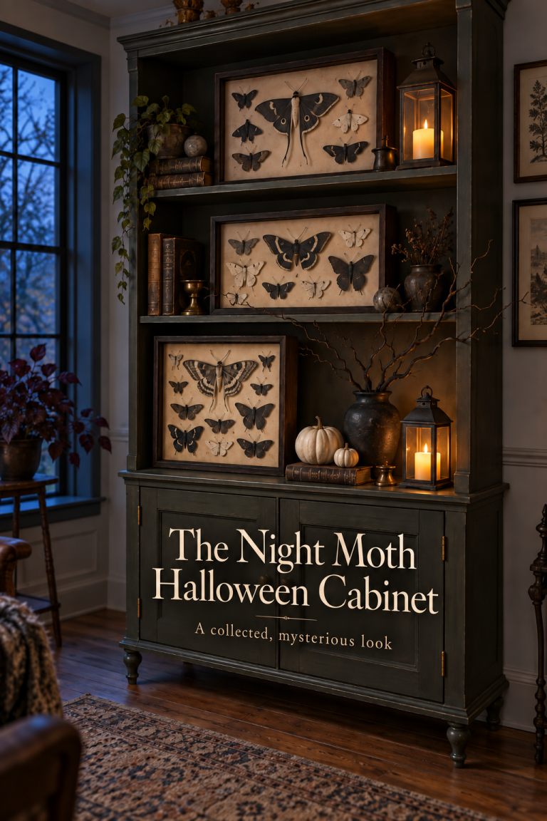 Framed moth displays, pale pumpkins and glowing lanterns in a dark Halloween cabinet.