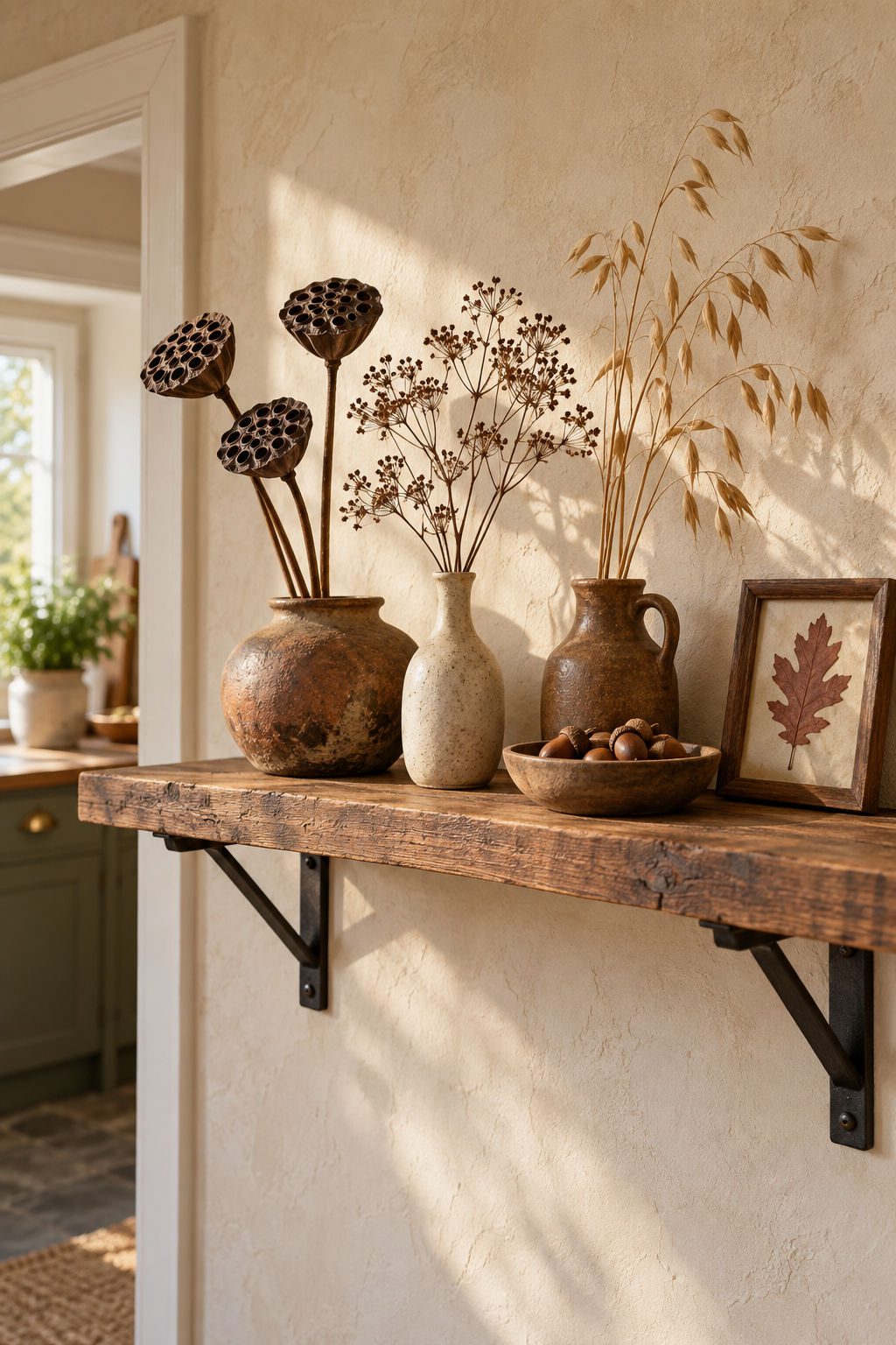 Dried seed pods and grasses in earthy vases beside acorns and a framed leaf on a shelf.