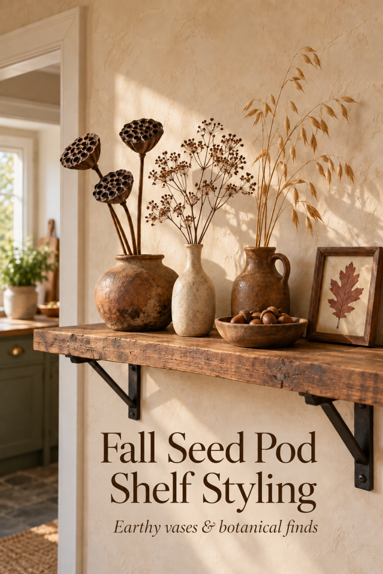 Dried seed pods and grasses in earthy vases beside acorns and a framed leaf on a shelf.