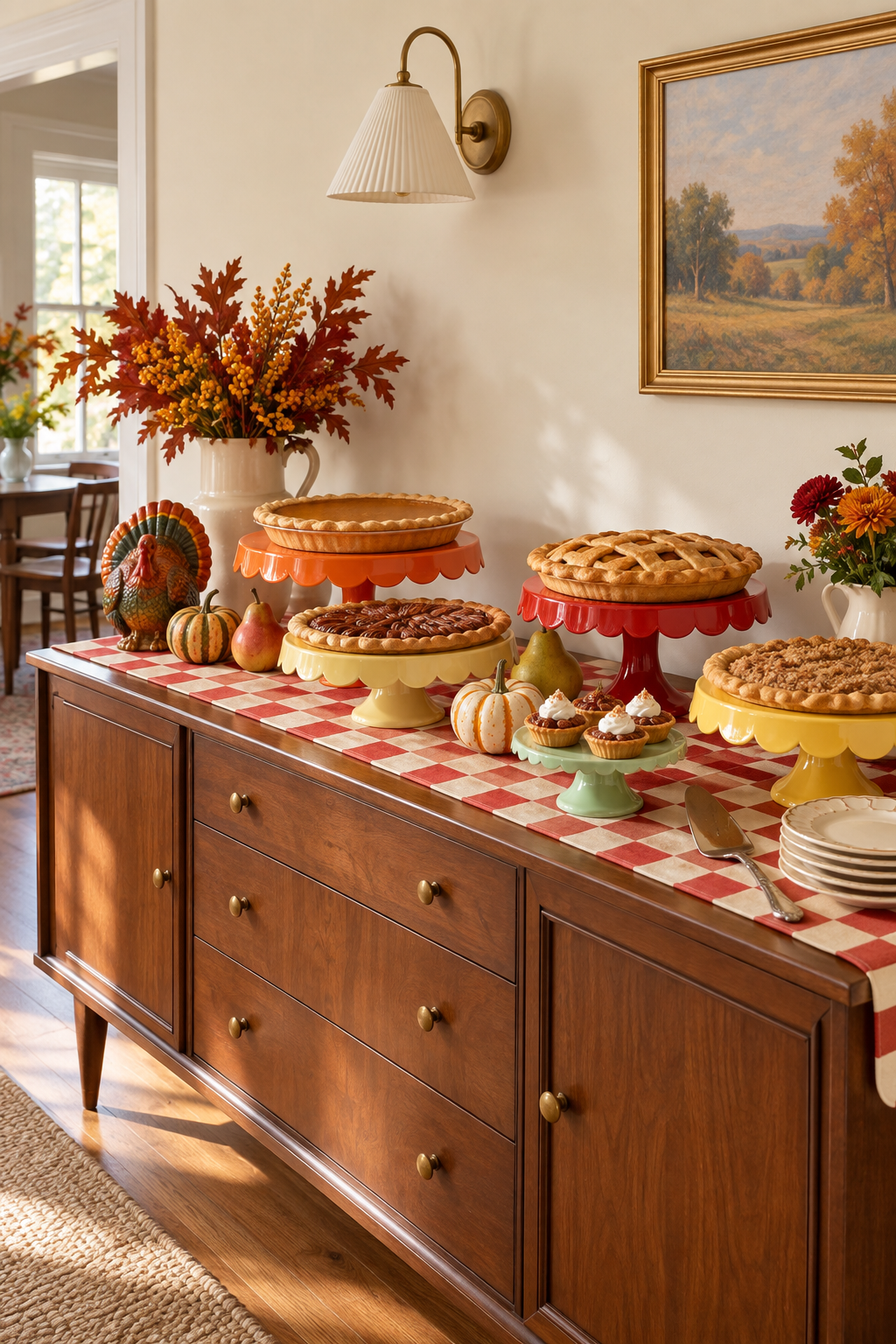 Thanksgiving pies on colorful scalloped stands with a checked runner and small pumpkins.