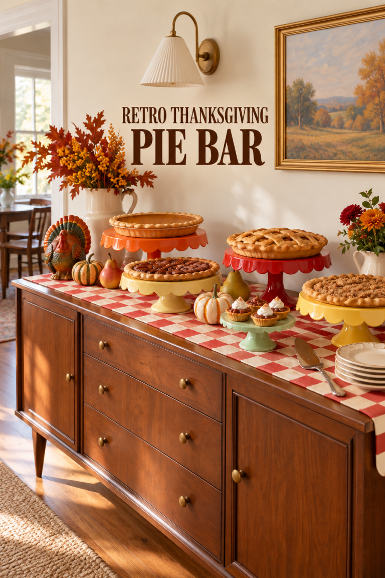 Thanksgiving pies on colorful scalloped stands with a checked runner and small pumpkins.