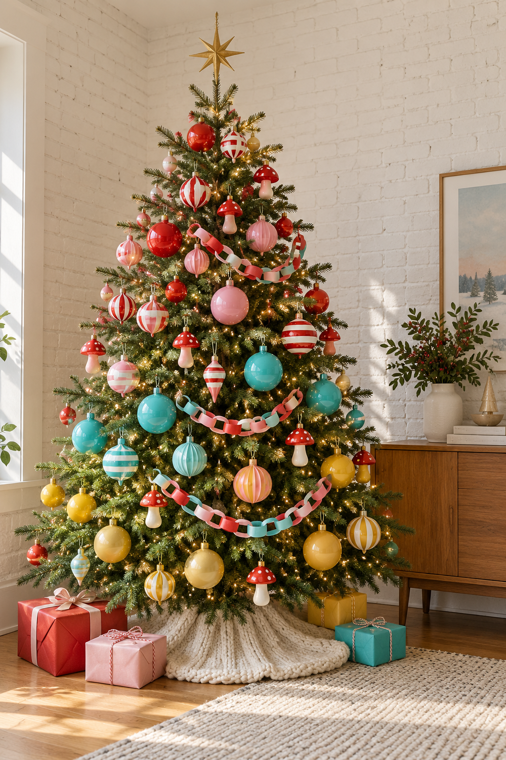 Colorful Christmas tree with striped baubles, mushroom ornaments and pastel paper chains.