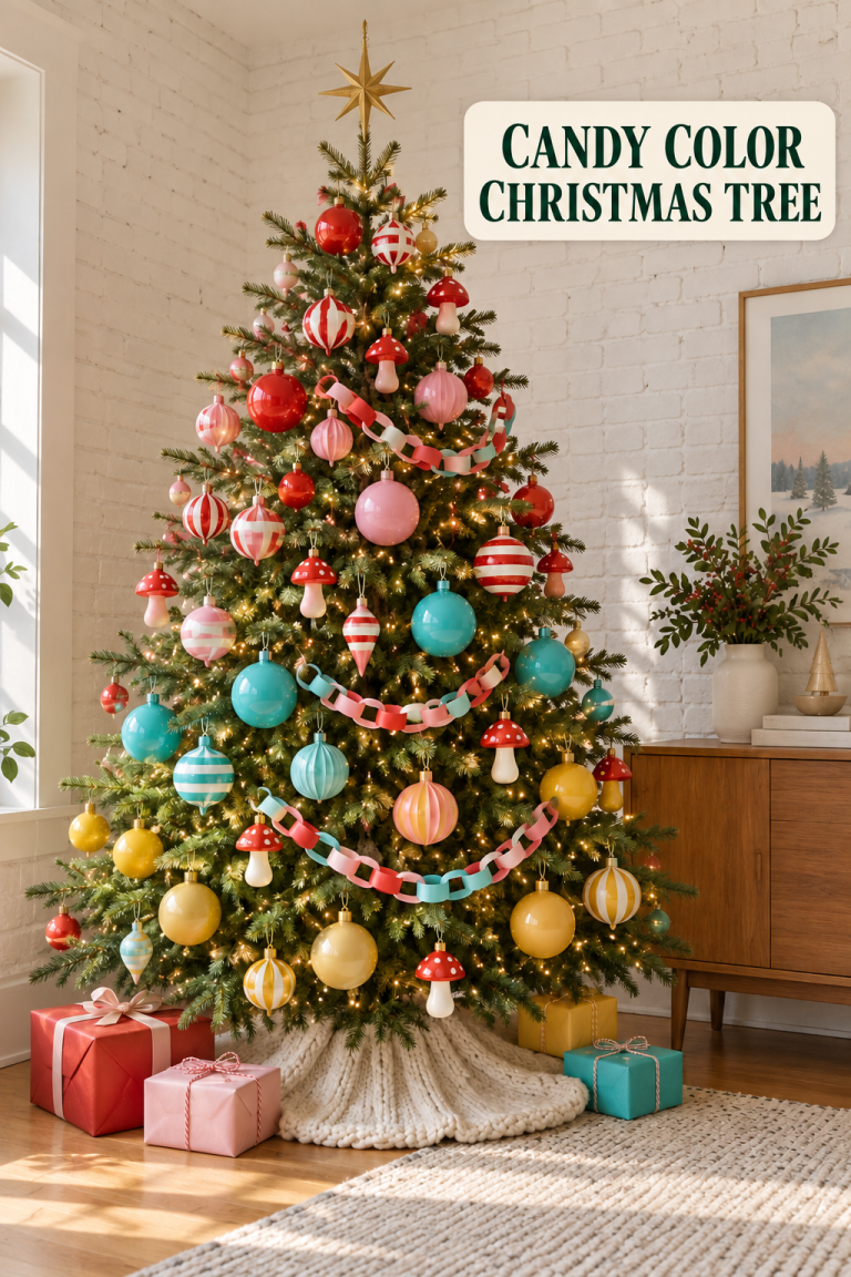 Colorful Christmas tree with striped baubles, mushroom ornaments and pastel paper chains.