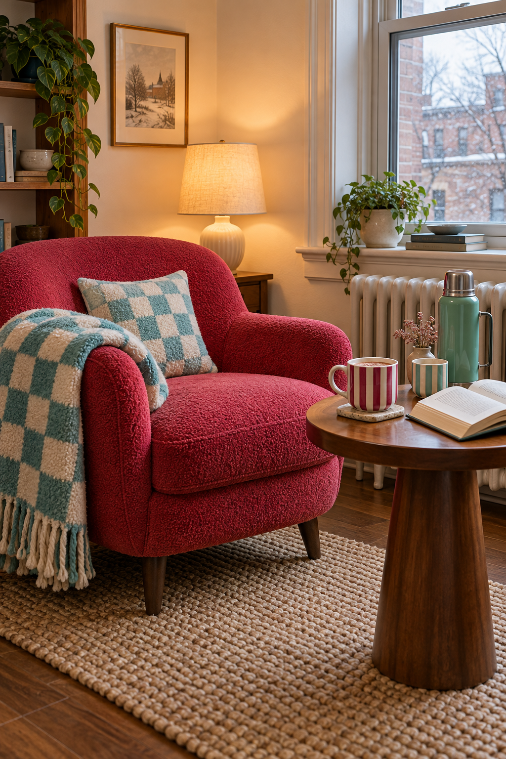 Raspberry armchair with an aqua checked throw beside striped mugs and a flask in a winter nook.