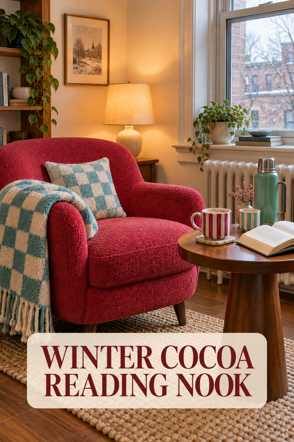 Raspberry armchair with an aqua checked throw beside striped mugs and a flask in a winter nook.