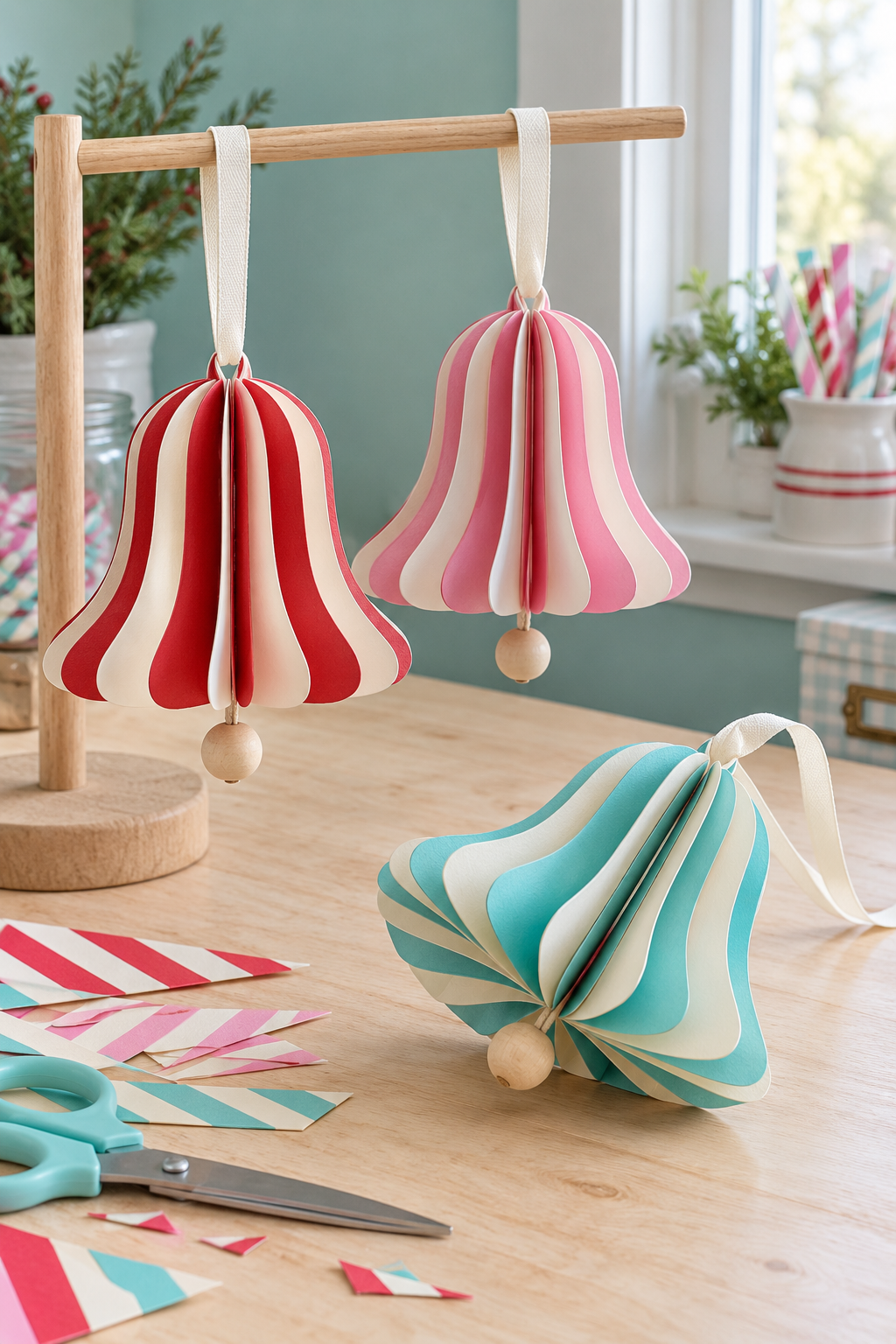 Red, pink and aqua folded paper bells with cream ribbon loops and wooden bead clappers.