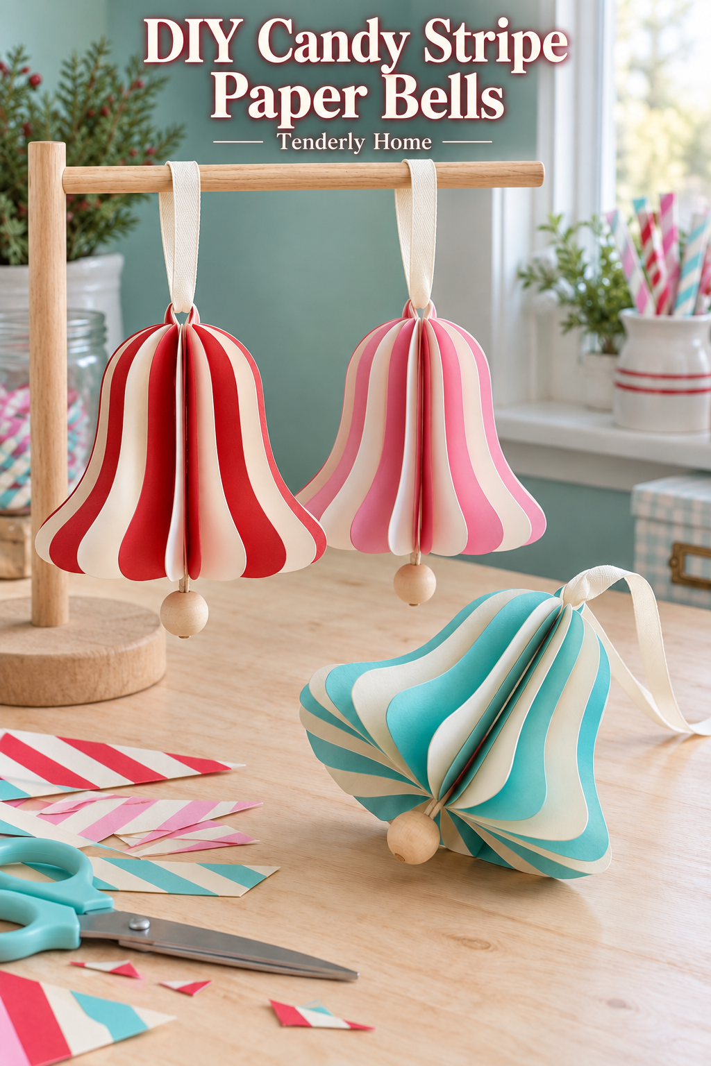 Red, pink and aqua folded paper bells with cream ribbon loops and wooden bead clappers.